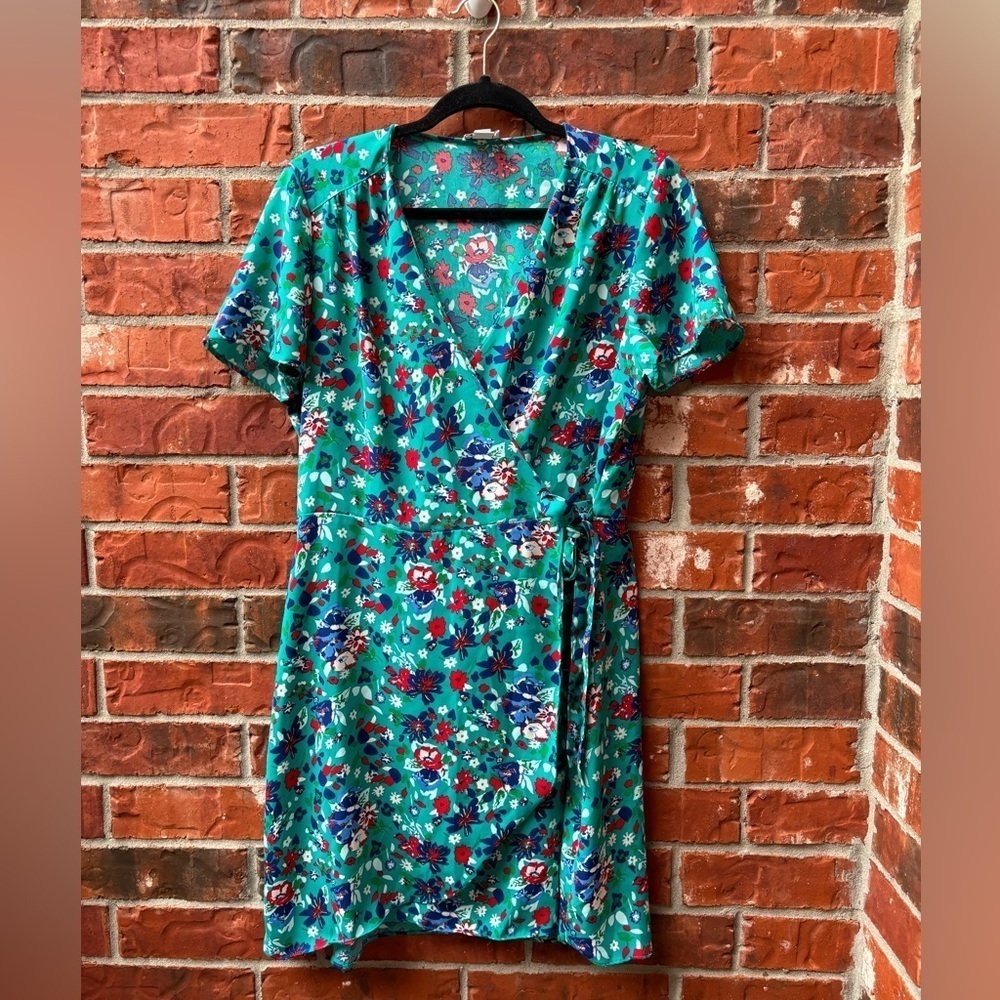J. Crew Womens 10 Teal Green Floral Wrap Dress Flutter Sleeve